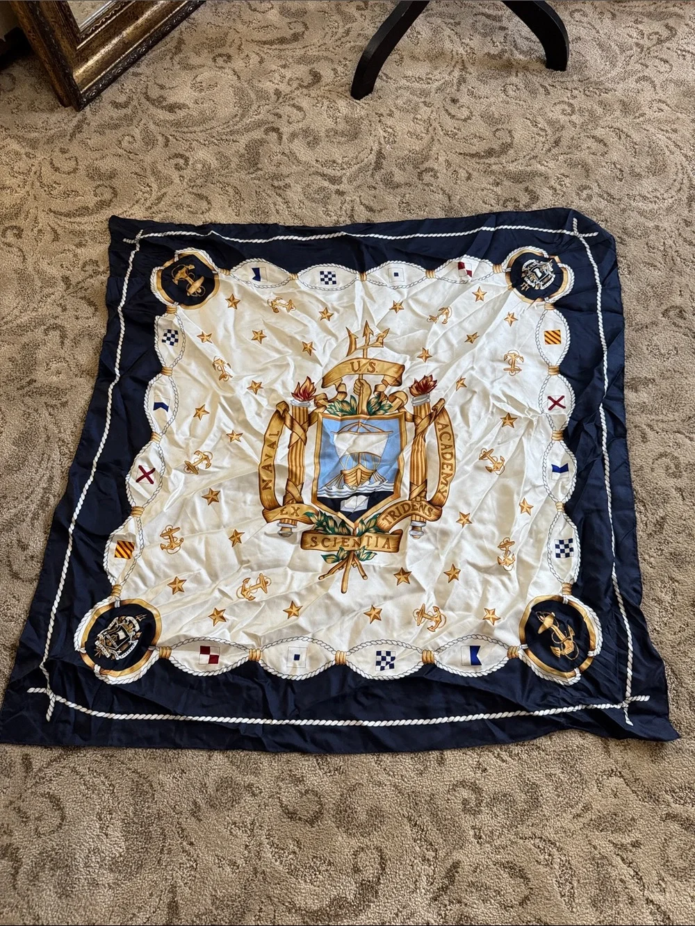 Nautical Crest Silk Scarf in Navy, Cream & Gold